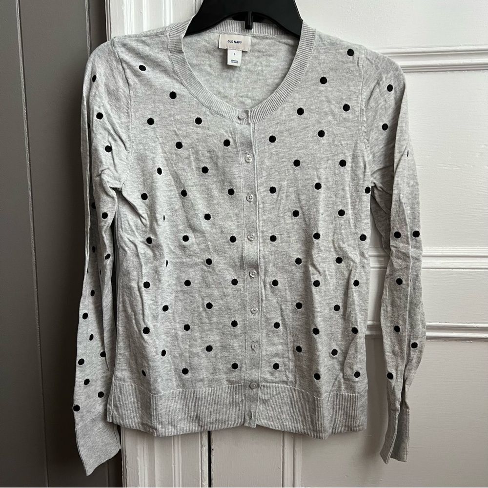 Old Navy Gray & Black Polka Dot Button-Down 100% Cotton Cardigan Sweater S